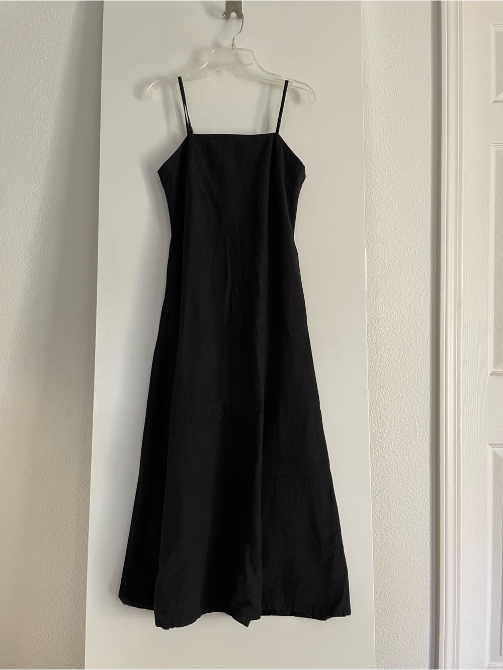 Japna-Cotton Linen Fit & Flare Black Midi Dress Adj Straps Lined NWT!